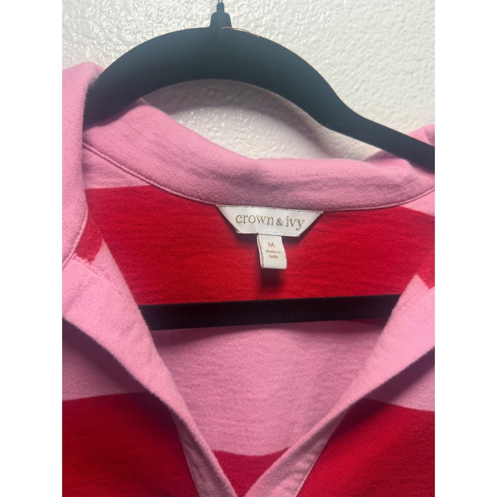 Crown & Ivy Womens Pink Red Striped Long Sleeve Rugby Polo Shirt Size Medium - Picture 4 of 7